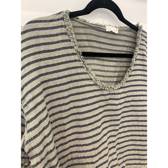 Italian Made Raw Fringe Hem Cotton Striped Lightweight Tunic - Picture 5 of 7